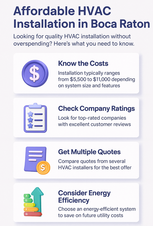 Affordable HVAC Installation in Boca Raton? Find the Best Residential Services, Company Ratings, Prices & More 2 Vertical infographic titled 'Affordable HVAC Installation in Boca Raton' featuring four 3D icon sections with tips on understanding costs, checking company ratings, getting multiple quotes, and choosing energy-efficient systems, all styled in blue and purple tones.