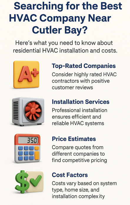 Searching for the Best HVAC Company Near Cutler Bay? Top Residential Installation, Prices & Cost Info 2 Infographic summarizing key insights on finding the best HVAC company near Cutler Bay, including installation costs, case studies, expert tips, supporting statistics, and top takeaways from HVACClarity.com