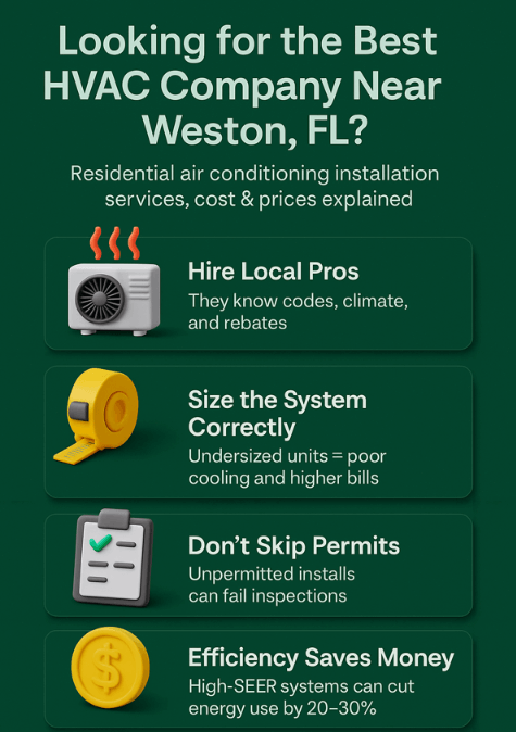 Looking for the Best HVAC Company Near Weston, FL? Residential Air Conditioning Installation Services, Cost & Prices Explained 2 Infographic featuring 3D icons and concise tips on hiring local pros, proper system sizing, permitting, and energy-efficient upgrades.