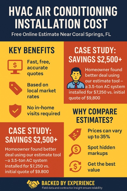 HVAC Air Conditioning Installation Cost Price Quote Free Online Estimate Near Coral Springs, FL – Get the Best Deal Without Leaving Home 2 Infographic summarizing HVAC air conditioning installation cost estimates near Coral Springs, FL, featuring key benefits, a $2,500+ savings case study, and reasons to compare quotes, with icons and bold headings from HVACClarity.com