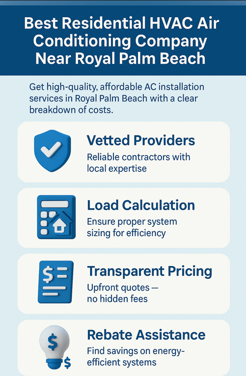 Best Residential HVAC Air Conditioning Company Near Royal Palm Beach | Affordable AC Installation Services, Costs & Price Breakdown 2 Vertical infographic titled 'Best Residential HVAC Air Conditioning Company Near Royal Palm Beach' featuring four sections with 3D icons and bold headings: Vetted Providers, Load Calculation, Transparent Pricing, and Rebate Assistance, presented in a clean layout with a blue, white, and gray color scheme.