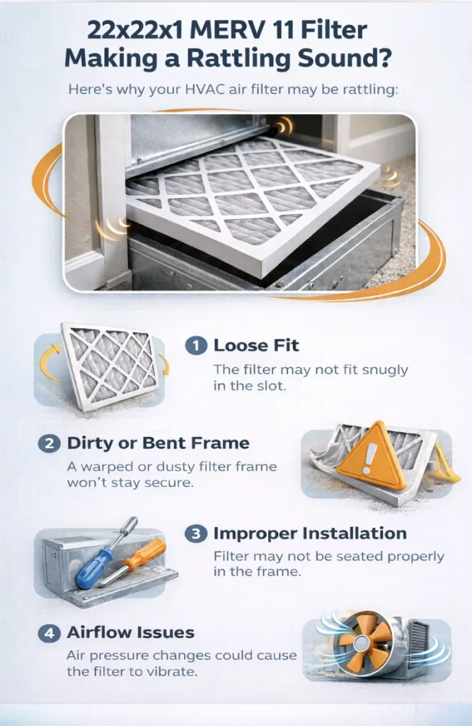 Why Your 22x22x1 MERV 11 Filter Is Making a Rattling Sound (And How to Stop It) 2 Infographic explaining causes of 22x22x1 MERV 11 filter making rattling sound in HVAC system